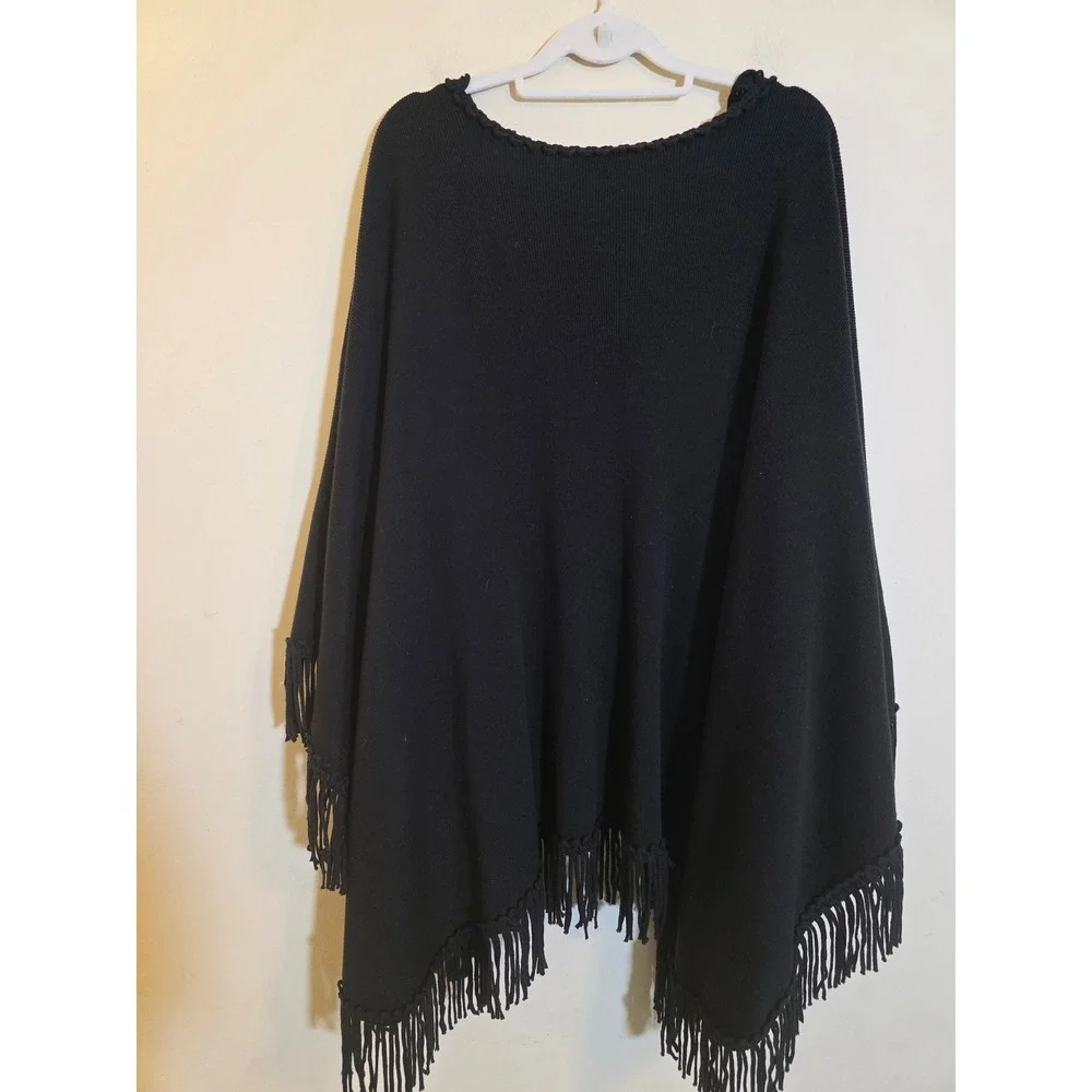 Coldwater Creek Black Ribbed Knit‎ Fringe Open Front Poncho Wrap One Size